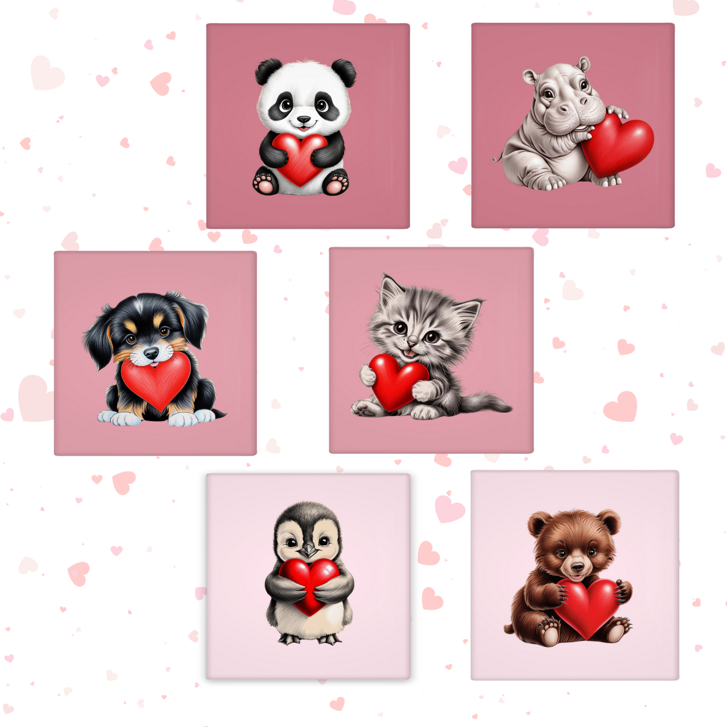 Animal Hearts 2" x 2" Square Magnets (Set of 6)