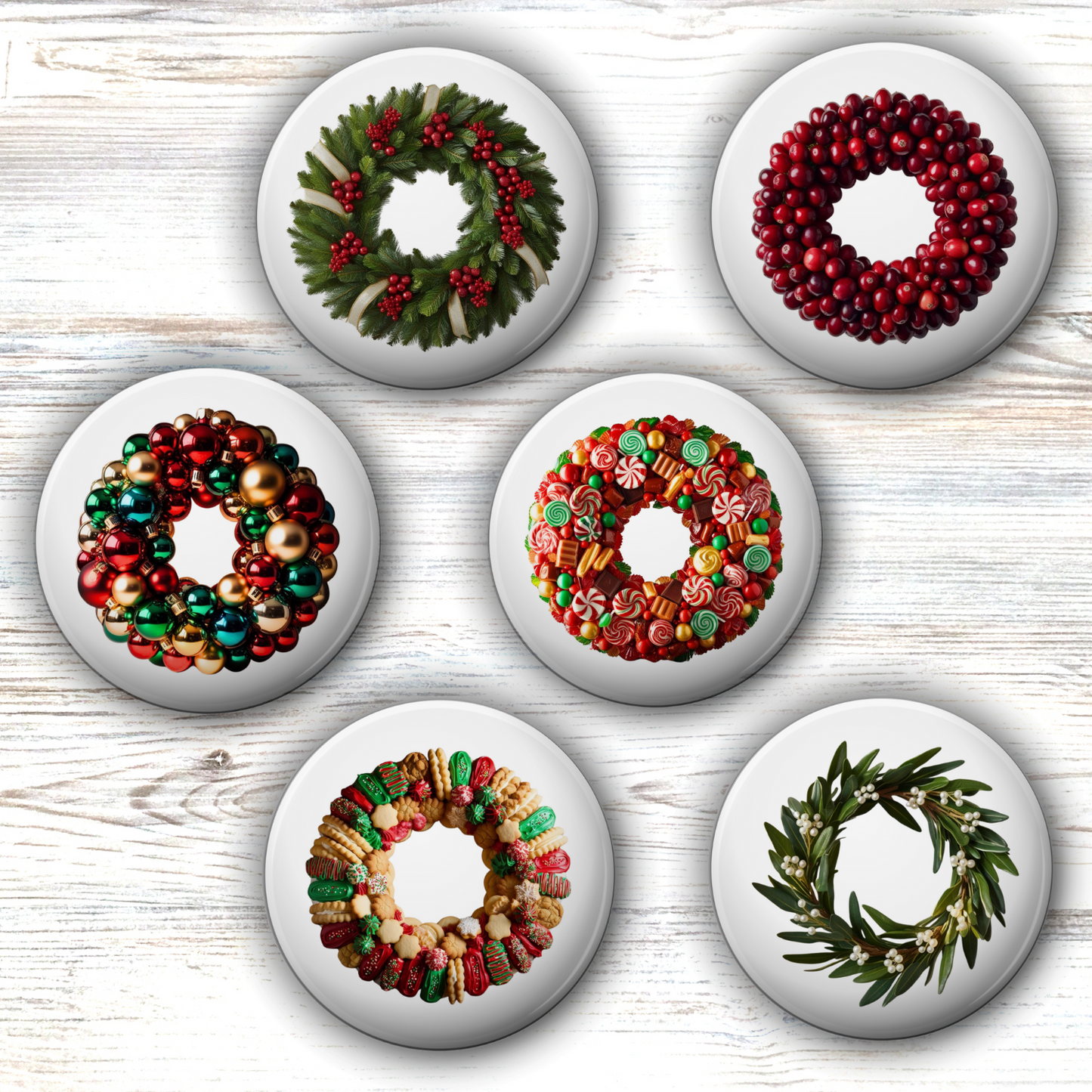 Holiday Wreath Round Magnets (Set of 6)